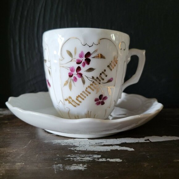 Antique Mustache Cup and Saucer "Remember Me" Flowers, Germany Mustache Mug - Picture 1 of 10